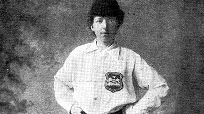 Archive photo of Mrs Graham wearing a baggy white football shirt with a club crest